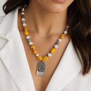 Elegant Gold, Silver, Grey, yellow and white pendant necklace. Medium length bea